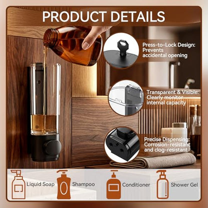 4 Pcs Manual Bathroom Wall Mounted Soap Dispenser, 300ml Black Kitchen Bathroom Commercial Shower Clear Refillable Soap Dispenser Clear Plastic Refillable Liquid Lotion Pump and Organizer - color: Black