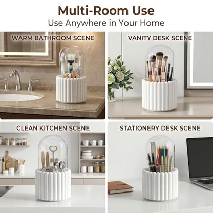 Toothbrush Holder with Sliding Lid, Toothbrush Holders for Bathrooms,360° Rotating Makeup Brush Storage Rack - Waterproof and Dustproof, Toothbrush Toothpaste Holder Beauty Brush (Snow-White) - color: Snow-white