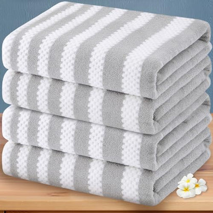 Waffle Bath Towels, 4PC 28" x 52" - 100% Cotton | Quick Dry | Light Weight | Soft | Breathable, Striped Bath Towels for Bathroom, Shower Towel Gift Set, Gray Stripes and White Checker/Waffle - color: Grey and White, size: 4 PC Bath Towel Set