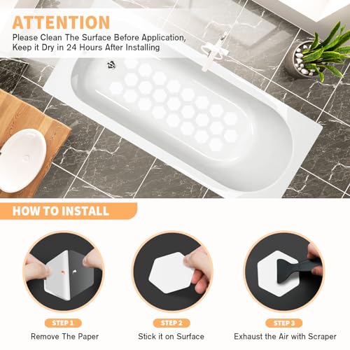 Non Slip Bathtub Stickers,Shower Stickers for Safety Bathroom Tubs,Bathtub Non Slip Stickers and Adhesive Decals Scraper for Bath Tub,Shower Floor,Stairs,Ladders(Squar Shape,Clear) (24,White) - color: White