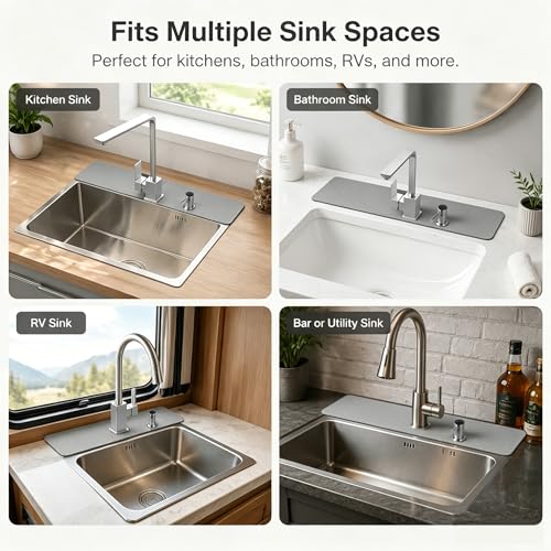 29"L x 5.5"W Customizable Grey Faucet Mat: Quick Dry Extra Absorbent Sink Mat & Bathroom Counter Protector - Freely Custom Cuttable with 2 or 3 Hole Faucet Design - Extra Long Splash Guard Pad