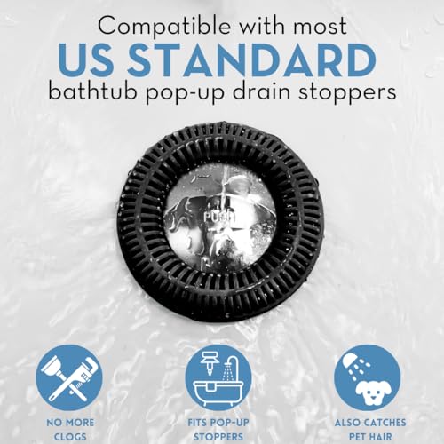 TubRing Pop-Up Drain Protector & Strainer Silicone Hair Catcher, Black | Easy snap-in design fits around bathtub stoppers. Customizable utility guard for clog prevention. Fits 1.85"- 2.16" drains. - color: Black