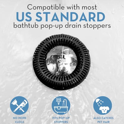 TubRing Pop-Up Drain Protector & Strainer Silicone Hair Catcher, Black | Easy snap-in design fits around bathtub stoppers. Customizable utility guard for clog prevention. Fits 1.85"- 2.16" drains. - color: Black