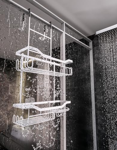HapiRm Hanging Shower Caddy Over the Door with Soap Holder, No Drilling Adhesive Shower Organizer with 11 Hooks, Rustproof & Waterproof 304 Stainless Steel Bathroom Shelves - White - color: White-2