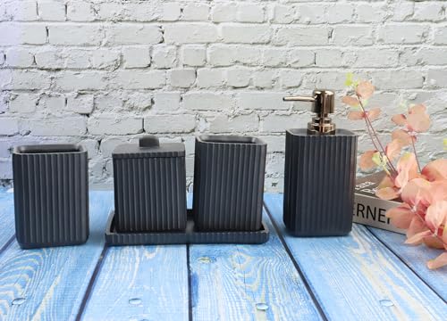 Hymmah Black Bathroom Accessories Set,Unique Design Bathroom Set 5 Pcs Resin Gift Set Apartment Necessities, Contain Cotton Swab Jar,Soap Dispenser,Soap Dish/Tray,Tumbler - color: Black 5