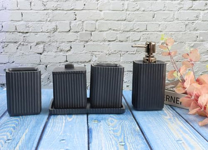 Hymmah Black Bathroom Accessories Set,Unique Design Bathroom Set 5 Pcs Resin Gift Set Apartment Necessities, Contain Cotton Swab Jar,Soap Dispenser,Soap Dish/Tray,Tumbler - color: Black 5