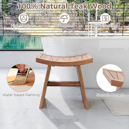 Giantex Teak Wood Shower Bench, Waterproof Shower Stool with Curved Seat for Inside Shower, Spa Bathing Step Foot Rest, Bathroom Stool for Elderly Seniors, Indoor and Outdoor Use, 18" x 13" x 17.5"
