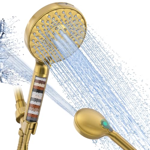 SR SUN RISE Filtered Shower Head with Handheld High Pressure 9 Spray Mode Showerhead Detachable Shower Head Water Softener Filters 1 Filter Brushed Gold - color: Brushed Gold, size: 1 Filter