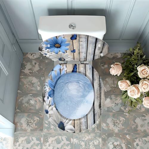 Round Resin Toilet Seat, Quietly Close Quick Release Hinges Cover | Toilet Lid Cover Easy to Clean and Install, Flower Shower Daisy Wild Rustic Floral Blue Flowers White Heavy Duty Toilet Seat - color: pattern8, size: O-shape