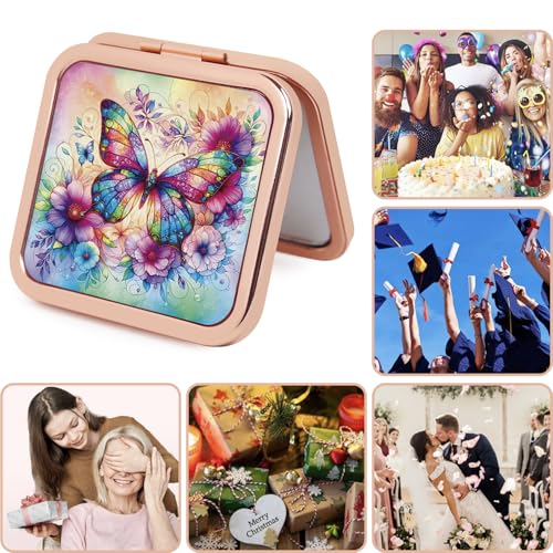 Compact Mirror, Handheld 2.8 inches Travel Makeup Mirror, 1X/2X Magnifying Square Pocket Makeup Mirror Rose Gold Butterfly - color: Rose Gold 11