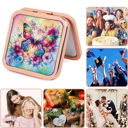 Compact Mirror, Handheld 2.8 inches Travel Makeup Mirror, 1X/2X Magnifying Square Pocket Makeup Mirror Rose Gold Butterfly - color: Rose Gold 11