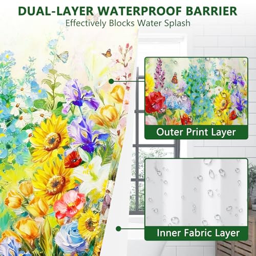 No Hook Shower Curtain with Snap in Liner, Double Layer Waterproof Bathroom Shower Curtain with See Through Window and Weighted Hem, Machine Washable Spring Colorful Floral Bath Curtain, 71"W x 74"L - color: Vibrant Spring
