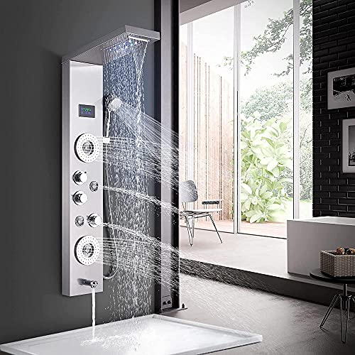 Bathroom Shower Panel Tower System LED Temperature Display Body Jets Shower Set Waterfall Rain Shower Head 6 Functions Temperature Display-Brushed Nickel