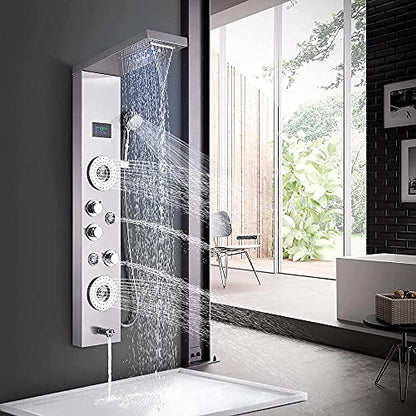 Bathroom Shower Panel Tower System LED Temperature Display Body Jets Shower Set Waterfall Rain Shower Head 6 Functions Temperature Display (Brushed Nickel A) - color: Brushed Nickel a