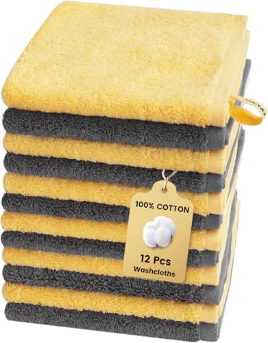 12-Pack Cotton Washcloths for Bathroom with Hanging Loops, Yellow&Gray | Soft washcloths for face cleansing, shower use, guest bathrooms, and daily wash-day rotation, OEKO-TEX certified, easy care - color: B01: Yellow & Gray