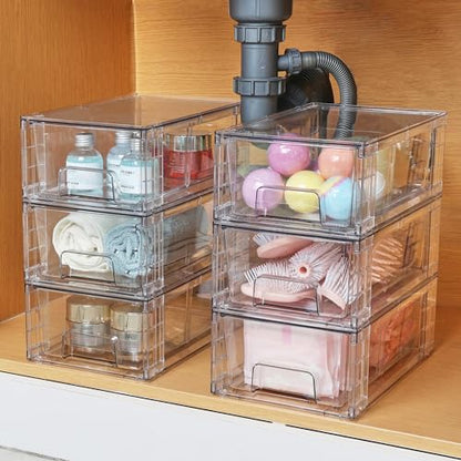 Vtopmart 4 Pack Stackable Storage Drawers,Clear Acrylic Drawer Organizers with Handles, Easily Assemble for Fridge, Bathroom,Kitchen Undersink,Cabinet,Pantry Organization and Storage | Clear Drawer Organizers with Removable Dividers for Flexible storage.