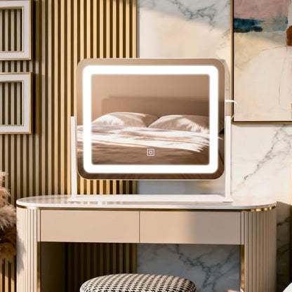YEKKOPT 16"x20" Desk Makeup Vanity Mirror with Lights - Smart Touch Control, Dimmable Light (3 Modes), for Makeup Desk, Bedroom, Dressing Room - size: 16"L x 20"W