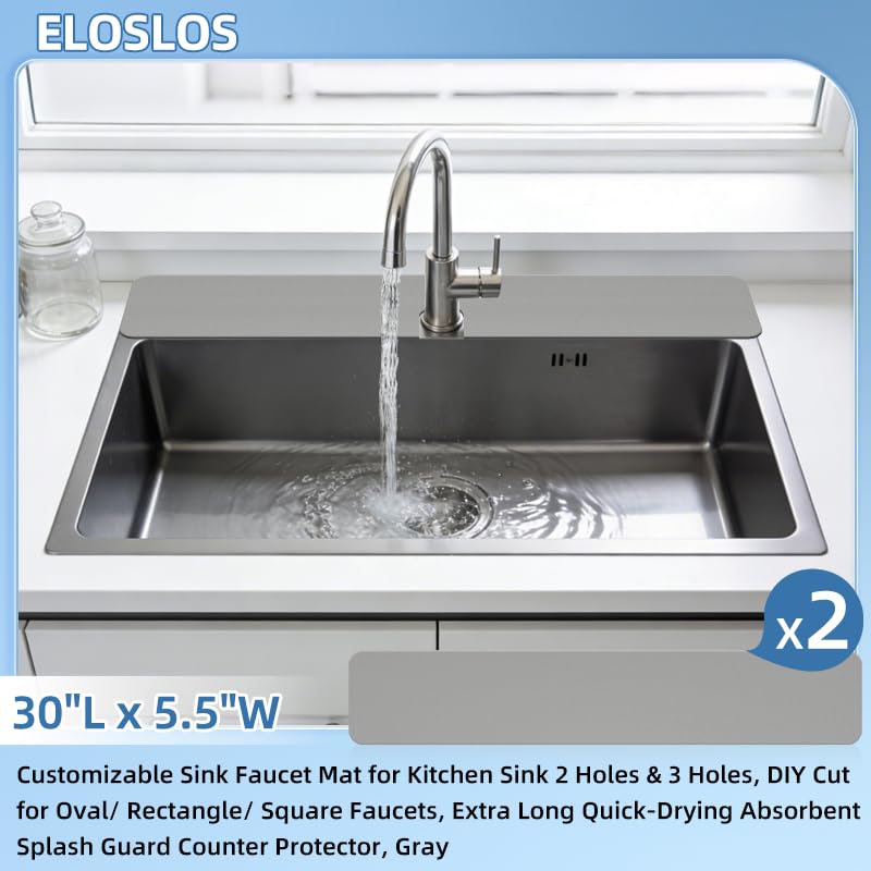 2PCS 30″x5.5″ Customizable Sink Faucet Mat 2&3 Hole Kitchen Sinks, Gray | DIY Cut for Oval/Rectangle/Square Faucets, Extra Long Coverage, For Splashes & Drips - style: 2 Pcs Gray