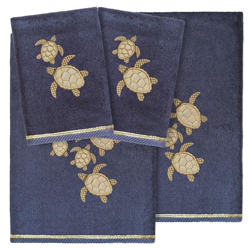 Jewel 4-Piece Premium Towel Set, Embroidered Turtles, Plush Turkish Cotton, Durable & Quick Dry, Elegant Beach Style, 2 Bath 2 Hand Towels, Marine - color: Marine, size: 2 Pcs Bath 2 Pcs Hand Towel