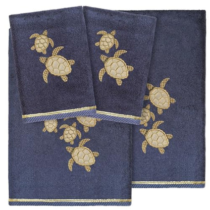 Jewel 4-Piece Premium Towel Set, Embroidered Turtles, Plush Turkish Cotton, Durable & Quick Dry, Elegant Beach Style, 2 Bath 2 Hand Towels, Marine - color: Marine, size: 2 Pcs Bath 2 Pcs Hand Towel