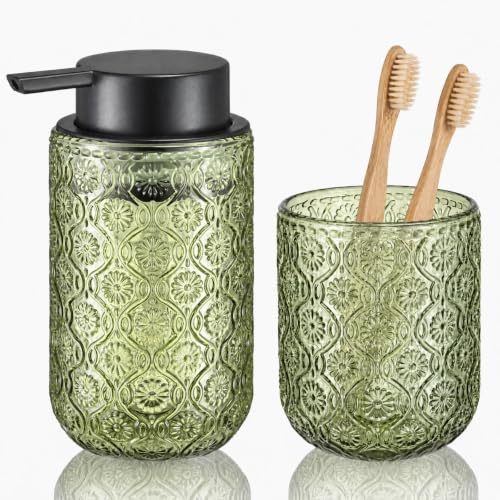 Bathroom soap Dispenser and Toothbrush Holder Set | Bathroom Accessories 2 pack cup and toothpaste holder green glass - color: Sage Green