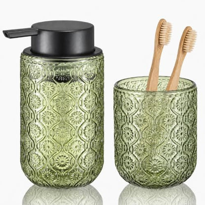 Bathroom soap Dispenser and Toothbrush Holder Set | Bathroom Accessories 2 pack cup and toothpaste holder green glass - color: Sage Green