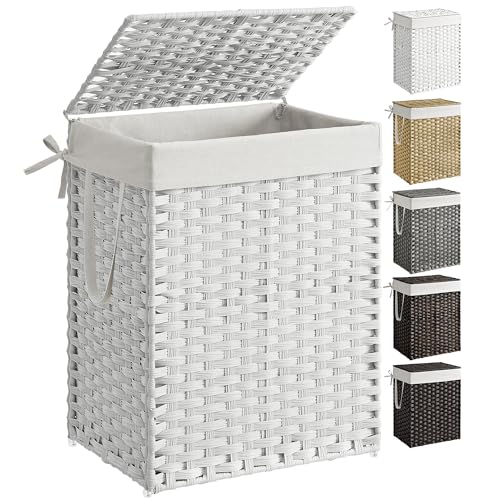SONGMICS Laundry Hamper with Lid, 23.8 Gallon (90 L) Synthetic Rattan Clothes Laundry Basket with Lid and Handles, Foldable, Removable Liner, Cloud White ULCB51WT - color: Cloud White, size: 90 L