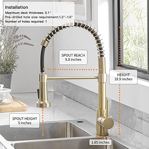 Kitchen Faucet Pull Down Sprayer, Stainless Steel, Brushed Gold | Stainless Steel NSF Certified,1 Handle Faucet,Farmhouse Camper Laundry Utility Rv Wet Bar Sinks,Deck Plate 1,3 Hole - color: C - Brushed Gold