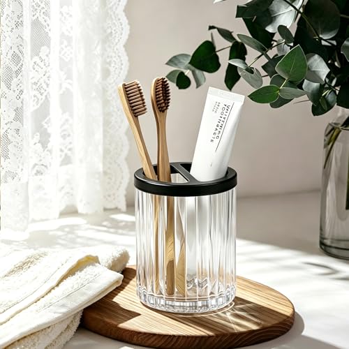 8oz Toothbrush Holders for Bathrooms, Clear Striped Toothbrush Cup, Clear | Bathroom Tumbler and Mouthwash Cup with Black Divider, Tooth Brush and Toothpaste Organizer for Countertop - color: Clear