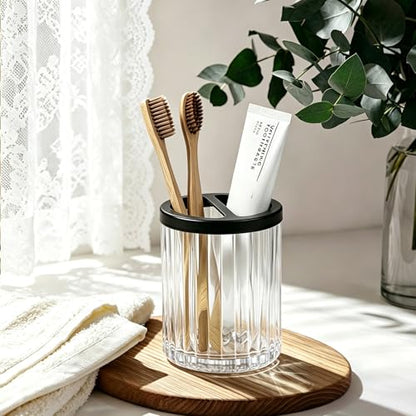 8oz Toothbrush Holders for Bathrooms, Clear Striped Toothbrush Cup, Clear | Bathroom Tumbler and Mouthwash Cup with Black Divider, Tooth Brush and Toothpaste Organizer for Countertop - color: Clear