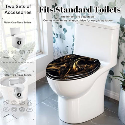 Elongated Toilet Seat Abstract marble fluid art painting alcohol ink style a black gold Resin Toilet Seat Slow Quiet Close with Quick-Release Hinges Toilet Seat with Cover Easy to Clean Install