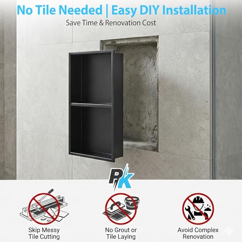 304 Stainless Steel Shower Niche 12” x 24” for Bathroom Storage | Matte Black Recessed Shower Niche No Tile Needed with 2-Tier Shelves for Bathroom Space Saving - size: 12 x 24 inch