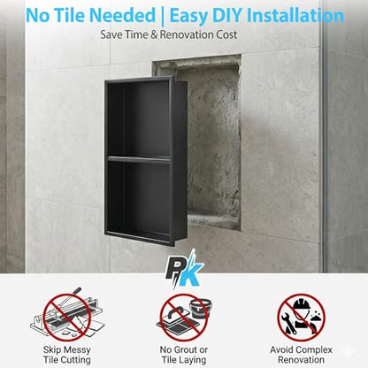 304 Stainless Steel Shower Niche 12” x 24” for Bathroom Storage | Matte Black Recessed Shower Niche No Tile Needed with 2-Tier Shelves for Bathroom Space Saving - size: 12 x 24 inch