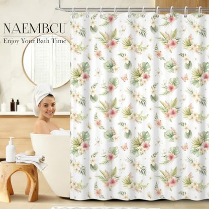 Tropical Floral Shower Curtain 71x74 Inch, Watercolor Botanical Leaf and Hibiscus Flower Pattern Bathroom Curtain and Hooks Set, Boho Farmhouse Style Waterproof Fabric Bath Curtain - color: Floral-m