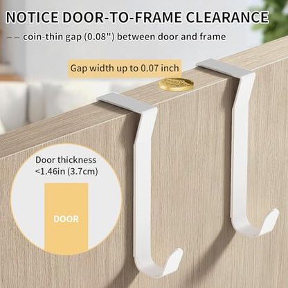 Over the Door Hooks, Curved Design Locks Wider & Longer, White | 4 Pack Door Hanger for 1.46" Thick Door with Sponge Mat, Door Hooks Organizer for Bathroom, Living Room, Kitchen