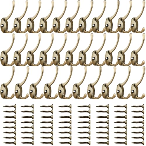 IBosins 32 Pack Antique Brass Double Coat Hooks Wall Mounted with 64 Screws | Retro Double Hooks Utility Hooks for Coat, Scarf, Bag, Towel, Key, Cap, Cup, Hat - color: 32 Pcs Antique Brass