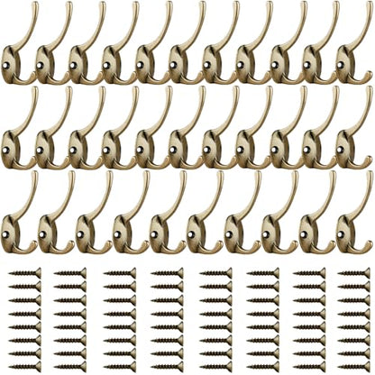 IBosins 32 Pack Antique Brass Double Coat Hooks Wall Mounted with 64 Screws | Retro Double Hooks Utility Hooks for Coat, Scarf, Bag, Towel, Key, Cap, Cup, Hat - color: 32 Pcs Antique Brass