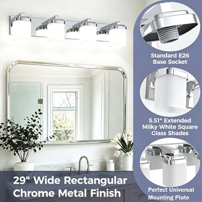 29 Inches Bathroom Vanity Light, 4-Light Chrome Bathroom Light Fixtures Over Mirror, Bathroom Light Shower Lamp with Milky White Square Glass Shade, Modern Farmhouse Lighting Fixtures - color: Chrome, size: 29 Inch : 4-lights