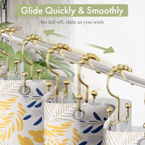 Gold Shower Curtain Hooks Rings, Stainless Steel Shower Curtain Rings, 12Pcs Double Glide Shower Hooks for Bathroom Shower Curtain Rods Dual Rust-Resistant Shower Rings - color: Polished Golden, style: Double Hooks
