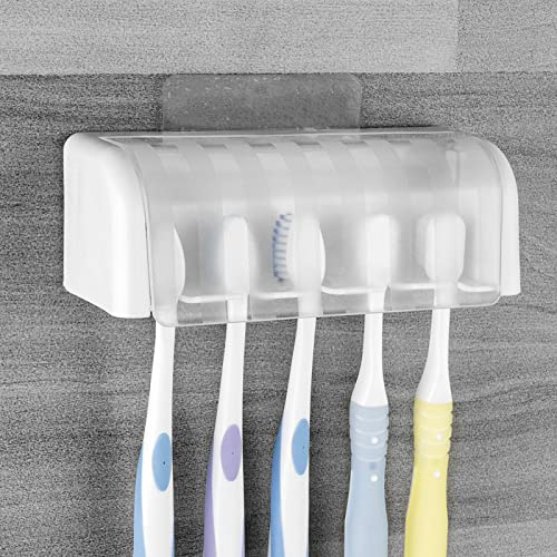 5 Slots Wall Mount Toothbrush Holder with Cover, Self Adhesive Toothbrush Storage Organizer for Shower, Toothbrush Hanger for Bathroom, Medicine Cabinet, Dorm - color: White 1 Pack