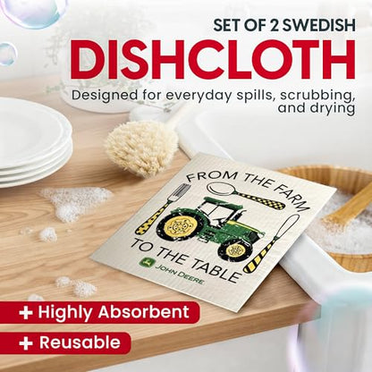 John Deere Farm to Table - Swedish Dishcloth Reusable Towel Set for Kitchen | Biodegradable Absorbent Cleaning Washcloths for Dishes, Household Surfaces | Washable, & Quick Drying | 2-Pack - color: Farm to Table
