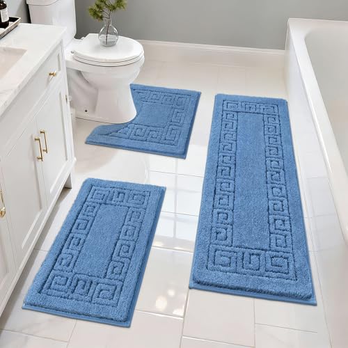 Pauwer Bathroom Rugs Sets 3 Piece, Plush Absorbent Bath Rug, Blue | Microfiber Bath Mat Set, Non Slip Washable, Quick Dry Floor Carprt, Soft U Shaped Toilet Mats For Bathroom Shower Sink - color: Blue