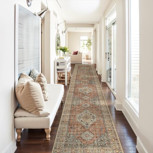 Lahome Oriental Kitchen Runners for Hallways, 2.5x12 Washable Runner Rug Non Slip, Soft Hallway Rug Distressed Ultra-Thin Long Carpet for Bathroom Entryway ‎Bedroom Eleanor, Peach/Orange - color: Terracotta, size: 2.5' x 12' (Runner)