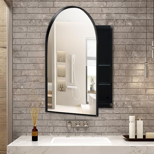 Arched Medicine Cabinet, Recessed Medicine Cabinet Surface Mount Medicine Cabinet with Mirror and Adjustable Shelves Medicine Cabinet Wall Mounted Bathroom Mirror Cabinet, 24x36 Inch (Black) - color: Black