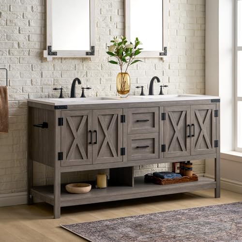 AMERLIFE 60" Gray Farmhouse Double Sink Bathroom Vanity, Solid White Top | Light Gray, Solid White Integrated Top, Moisture-Resistant MDF, 4 X-Panel Doors, 2 Drawers, Open Shelf, Paper Towel Holder - color: Light Gray, size: 60”