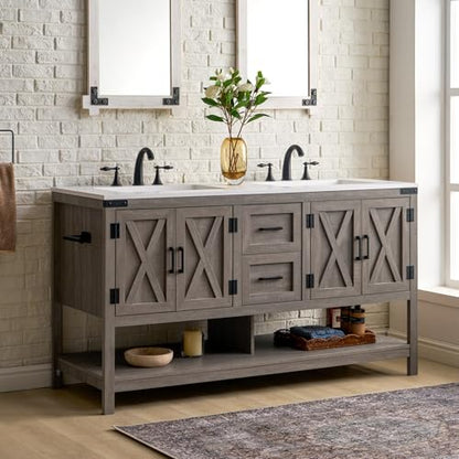 AMERLIFE 60" Gray Farmhouse Double Sink Bathroom Vanity, Solid White Top | Light Gray, Solid White Integrated Top, Moisture-Resistant MDF, 4 X-Panel Doors, 2 Drawers, Open Shelf, Paper Towel Holder - color: Light Gray, size: 60”