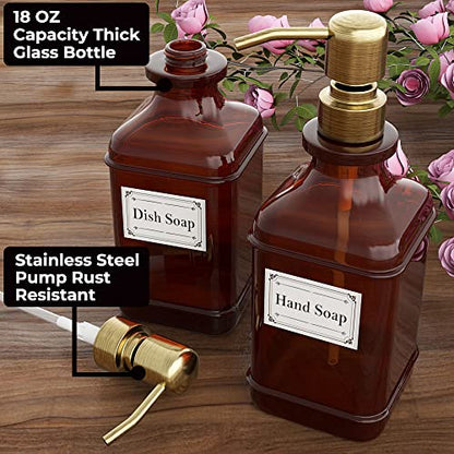 GLADPURE Soap Dispenser 2 Pack, Hand Soap Dispensers with 18 Oz Antique Design Thick Amber Glass Bottle, 316 Rust Proof Stainless Steel Pump, 6Pcs Stickers, for Lotion, Soap - Brushed Gold - color: Brushed Gold