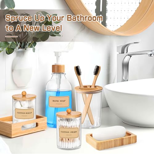 Bamboo Bathroom Accessory Set 5 Pcs, Boho Bathroom Accessories Sets Complete, Clear Bath Soap Dispenser and Toothbrush Holder Set, Soap Dish, Cotton Swab Jar, Boho Organizer - color: Clear