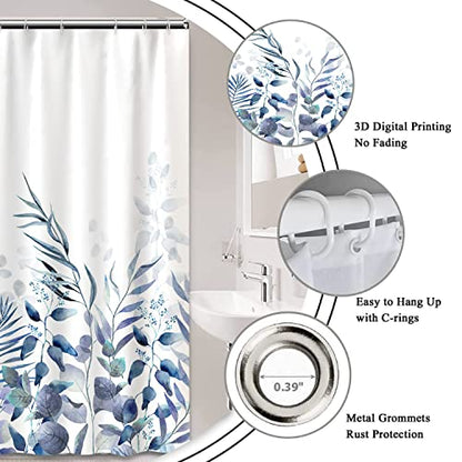 AWERT Shower Curtain Plants for Bathroom,Waterproof Quick-Drying Blue Leaves Shower Curtain Set with Hooks 48x72 Inch - color: Blue and Magenta, size: 48"W x 72"L (Pack of 1)