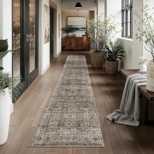 2x10 Brown Grey Runner Rug Vintage Washable Runner Rugs for Hallway Kitchen | Boho Hallway Runner Rug Soft Low Pile Non-Slip Retro Distressed Long Throw Rug for Entryway Bathroom Bedroom - color: Brown Grey, size: 2'*10'(Runner)